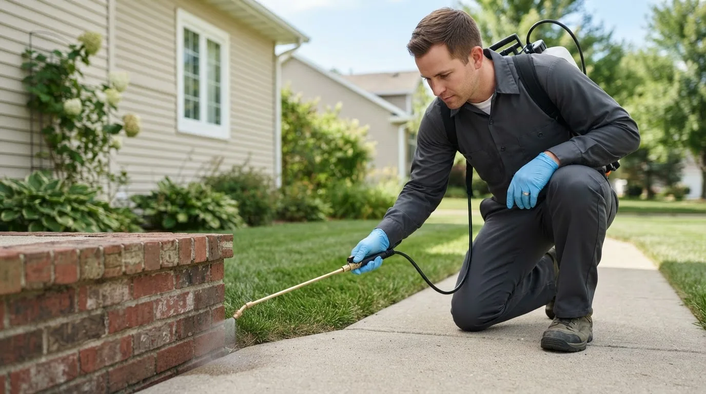 Pest control technician treating a home near Hyannis, NE